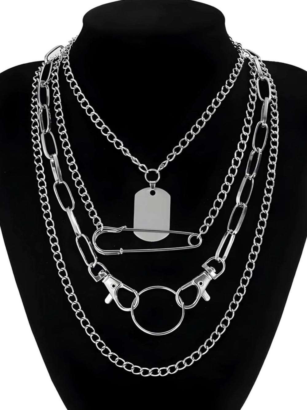 Layered Silver-Tone Chain Necklace Set - Key chain, Tag